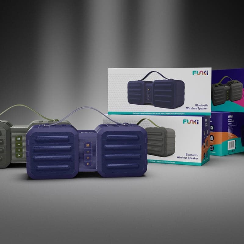 Funki wireless Bluetooth speaker packaging – front view render