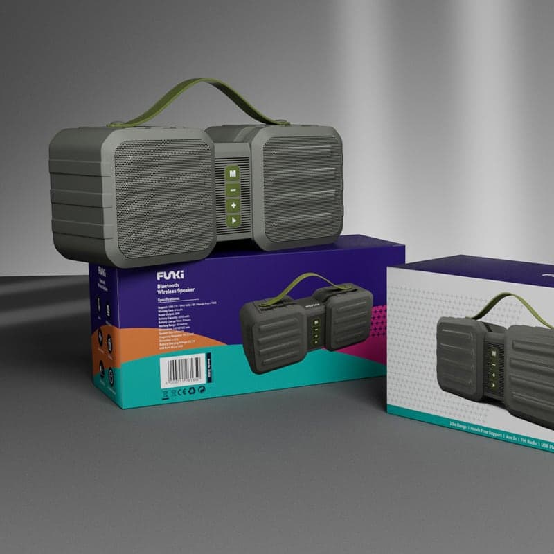 Funki wireless Bluetooth speaker packaging – side view render