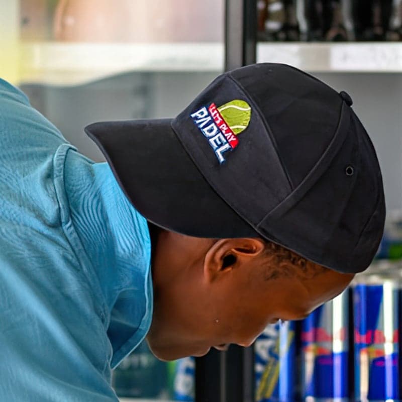 Embroidered Let's Play Padel logo on cap – close-up view