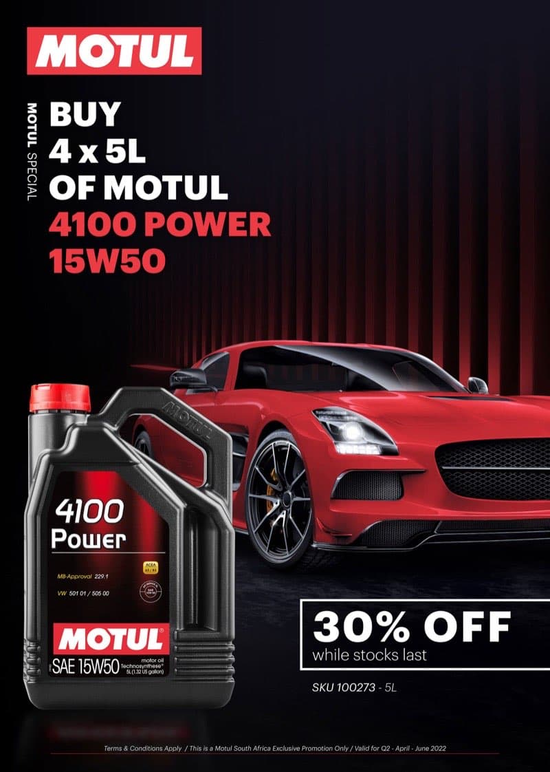 Motul 4100 Power 30% off promotional poster with red sports car and dramatic lighting