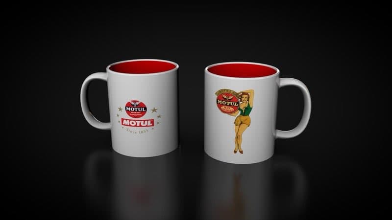 Motul branded coffee mugs with heritage logo and retro pin-up illustration