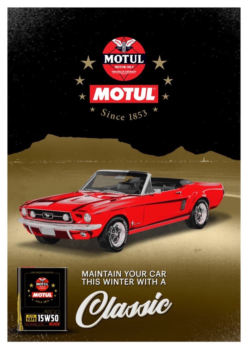 Motul Classic oil vintage poster with red Ford Mustang and Table Mountain Cape Town skyline