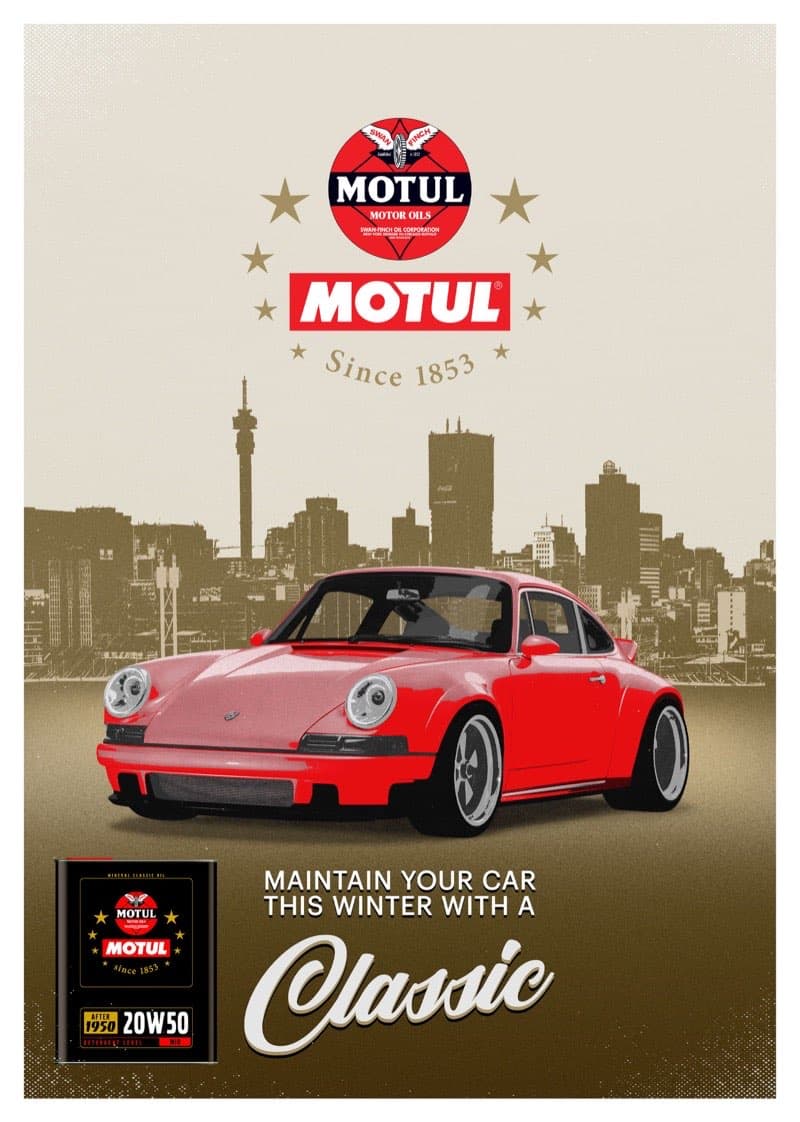Motul Classic oil vintage poster with red Porsche 911 and Johannesburg skyline in retro halftone style