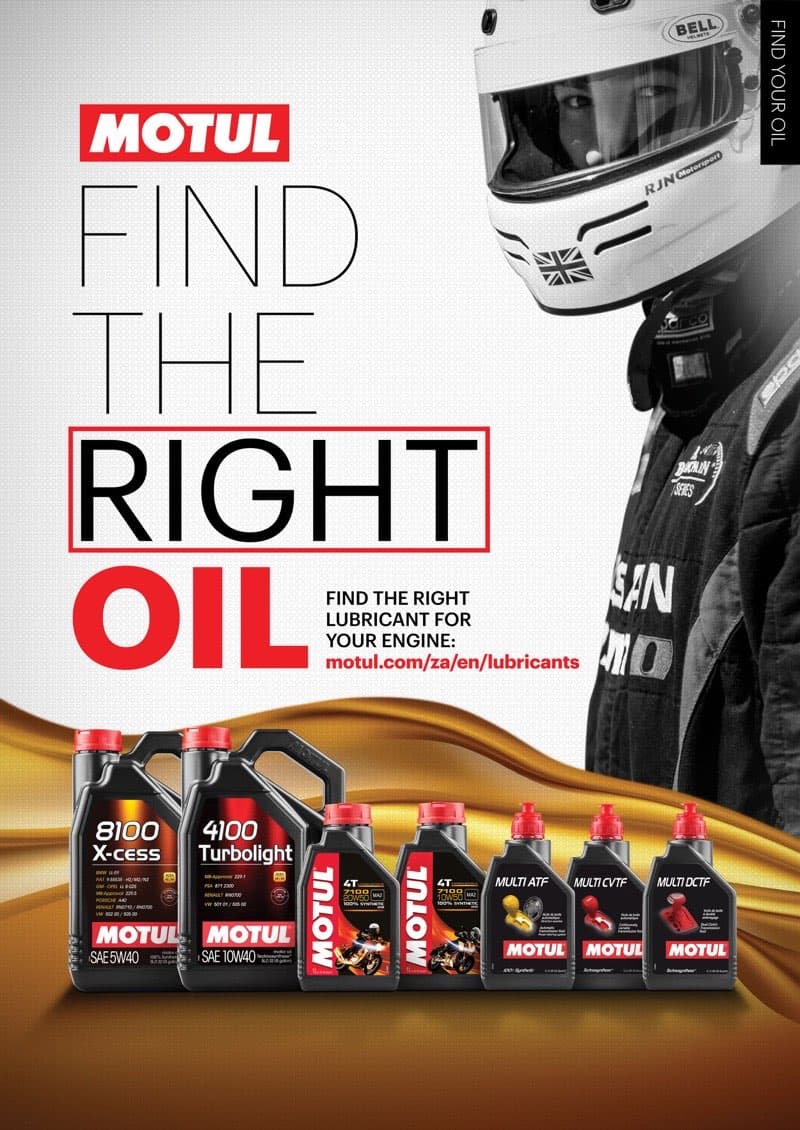 Motul Find the Right Oil poster with desaturated racing driver and full product range lineup