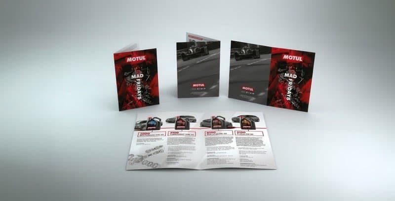 Motul Mad Fridays A4 brochure mockup showing cover, interior product spread, and back panel design