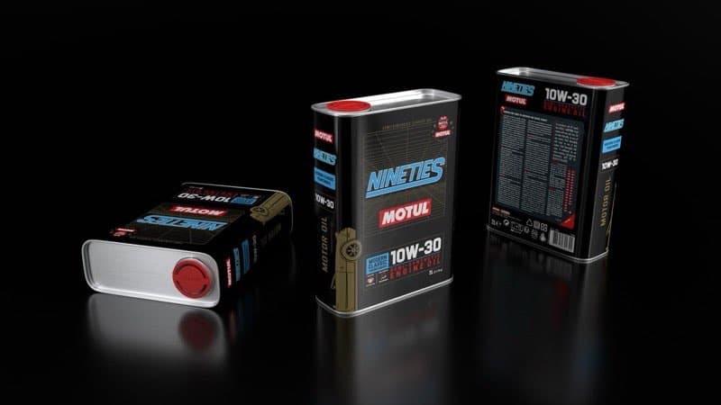 Motul retro Nineties series 3D product can renders with vintage tin styling and moody studio lighting