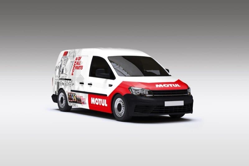 Motul branded VW Caddy vehicle wrap design showing full livery from front three-quarter angle
