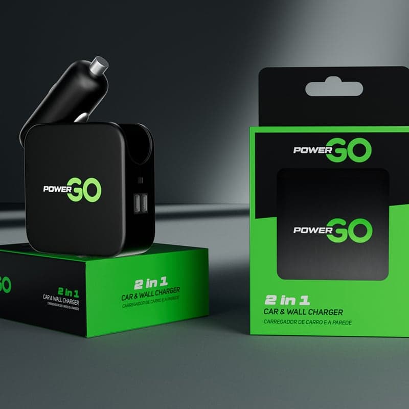 PowerGo 2-in-1 wall charger packaging front view with product render and feature icons