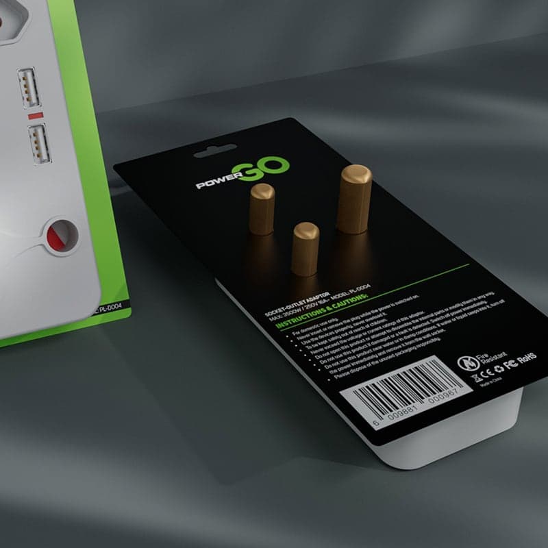 PowerGo multi-plug adaptor packaging front view showing product illustration and brand identity