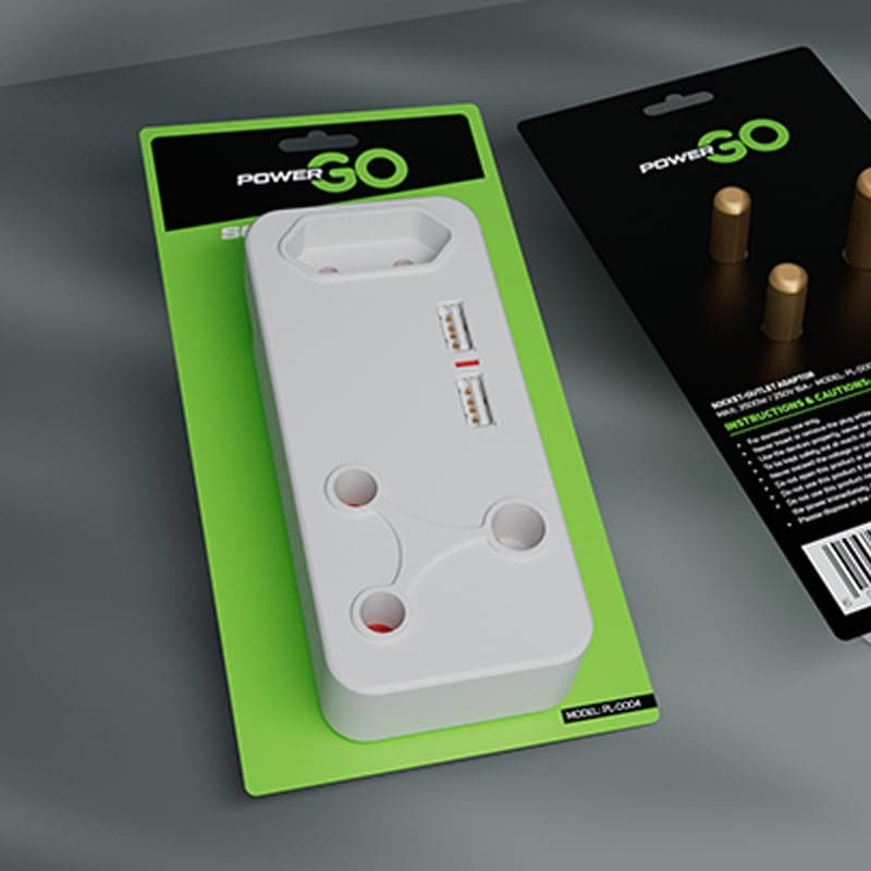 PowerGo multi-plug adaptor packaging back panel with safety certifications and features