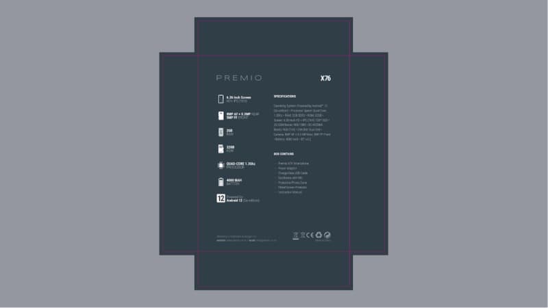 Premio smartphone packaging die-cut bottom panel layout showing spec grid, regulatory info and barcode zones