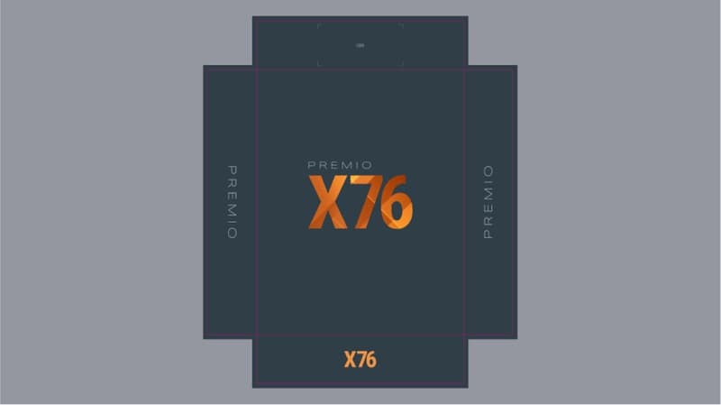 Premio smartphone packaging die-cut top panel layout showing front window, branding and spec icon zones