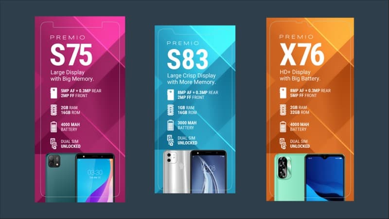 Premio smartphone screen protector hanging card flat artwork showing front and back panel designs with spec icons