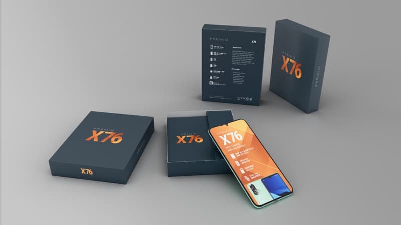 Premio X76 smartphone 3D packaging render showing box front with phone window and gradient branding