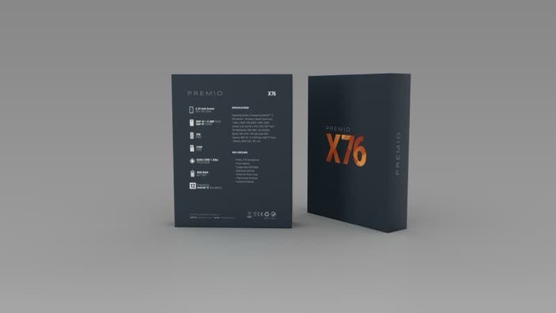 Premio X76 smartphone packaging render showing open box with phone and spec panel visible