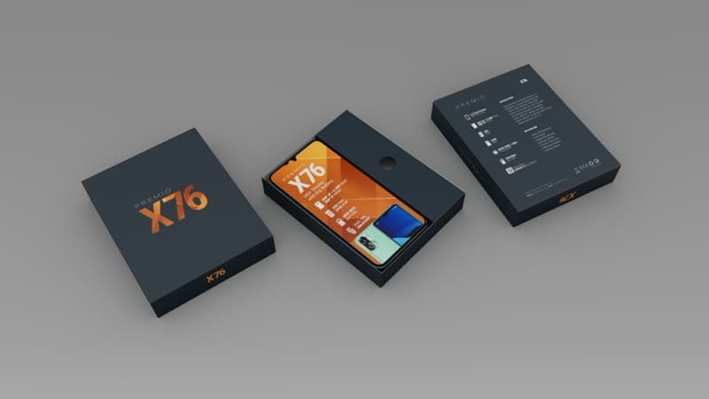 Premio X76 smartphone packaging render showing back panel with spec icons and regulatory marks