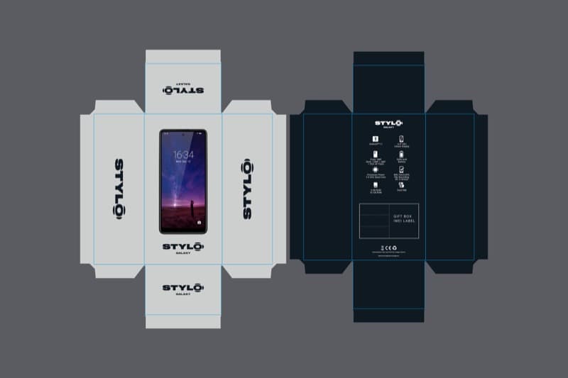 Stylo smartphone packaging die-cut layout showing front panel with phone window and back panel with spec icons