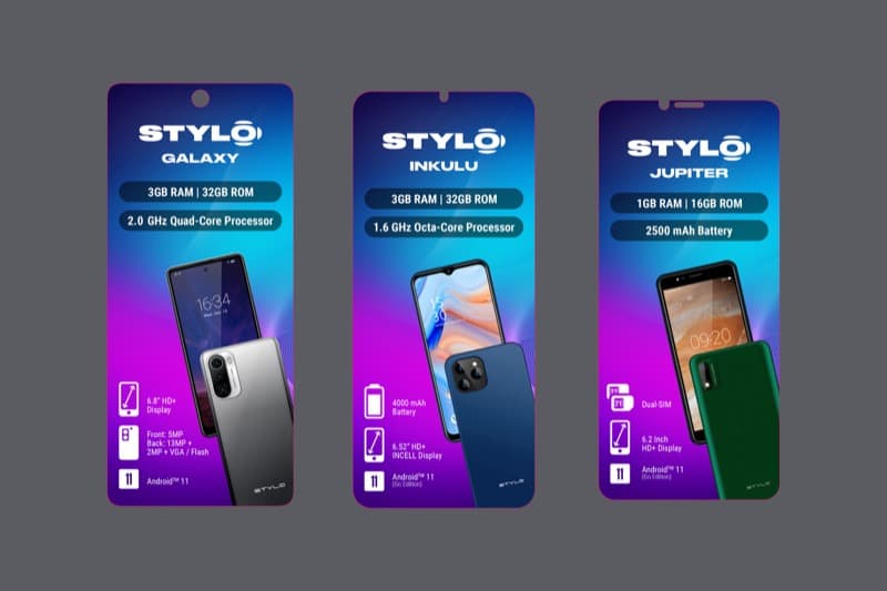 Stylo smartphone screen protector hanging card designs for Galaxy Inkulu and Jupiter models with gradient backgrounds and spec icons