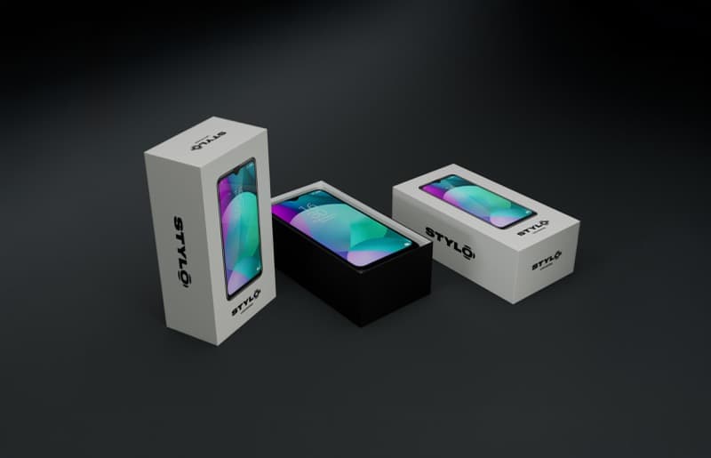 Stylo Universe smartphone three box packaging arrangement showing front window, standing and lying positions