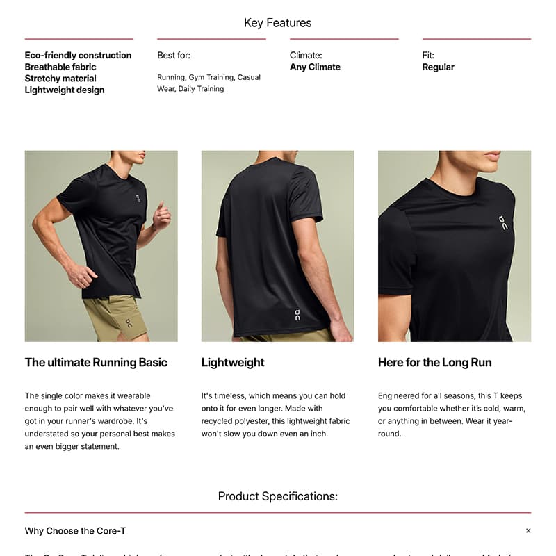 Tifosi Sports apparel product page showing On Core-T with detailed product information