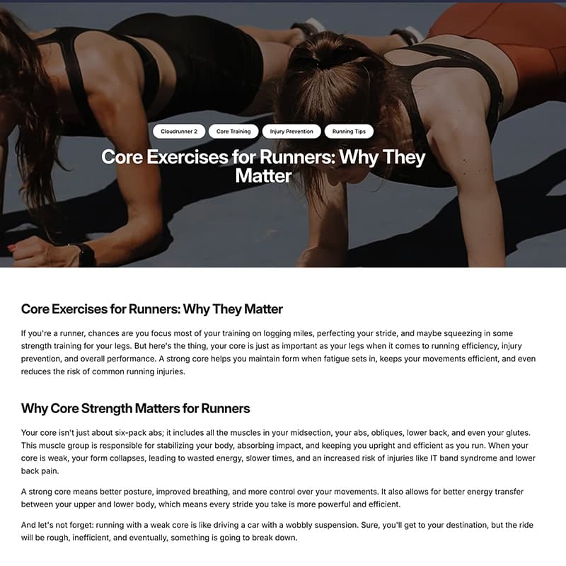 Tifosi Sports blog article on core exercises for runners with SEO-optimised content