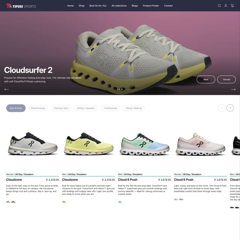 Tifosi Sports homepage featuring Cloudsurfer 2 hero banner and colour-coded running shoe categories