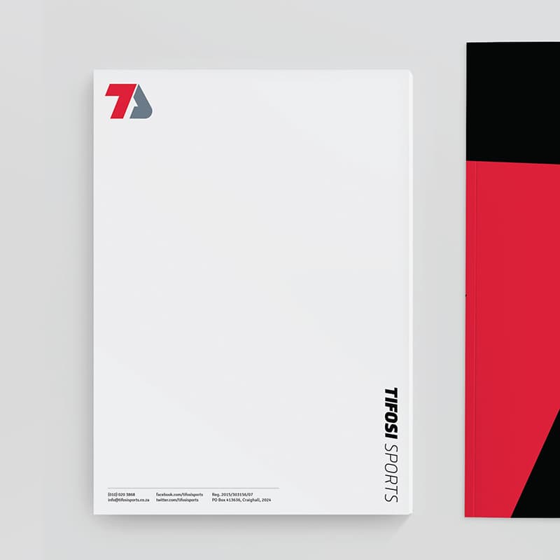 Tifosi Sports branded letterhead and presentation folder design
