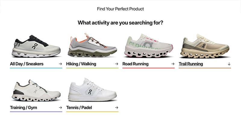 Custom product finder tool helping customers choose On running shoes by activity type