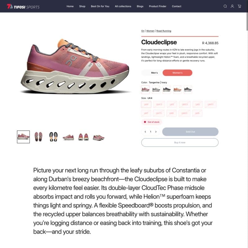 Tifosi Sports product page for On Cloudsurfer showing detailed specifications and custom content sections