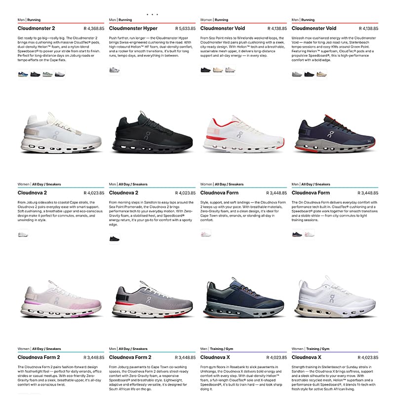 Tifosi Sports full product catalogue page showing the On running shoe range