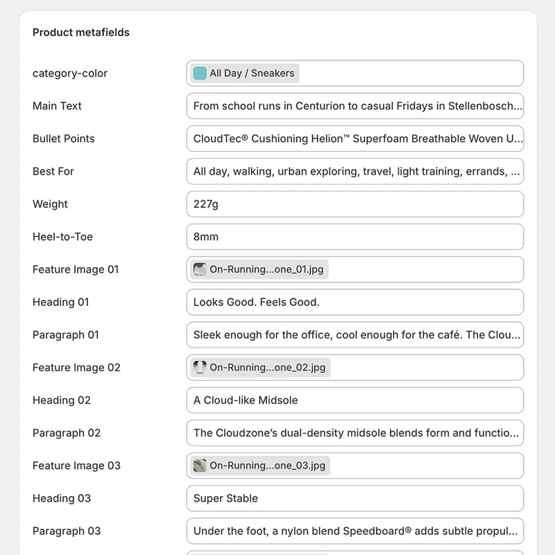 Shopify admin showing custom metafield data structure for product categorisation and SEO