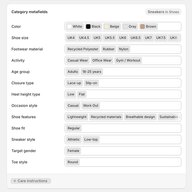 Shopify admin showing custom data structure for product categorisation and SEO