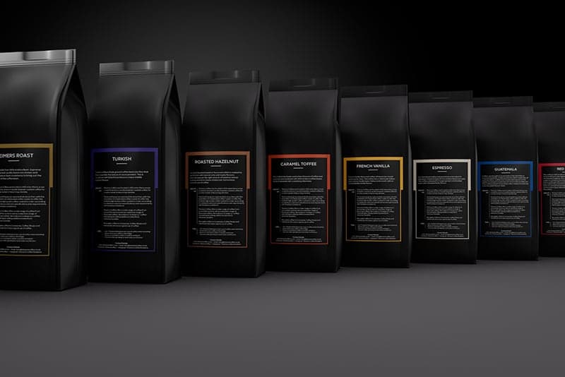 Titanium Coffee 3D render of coffee bags arranged for retail shelf presentation