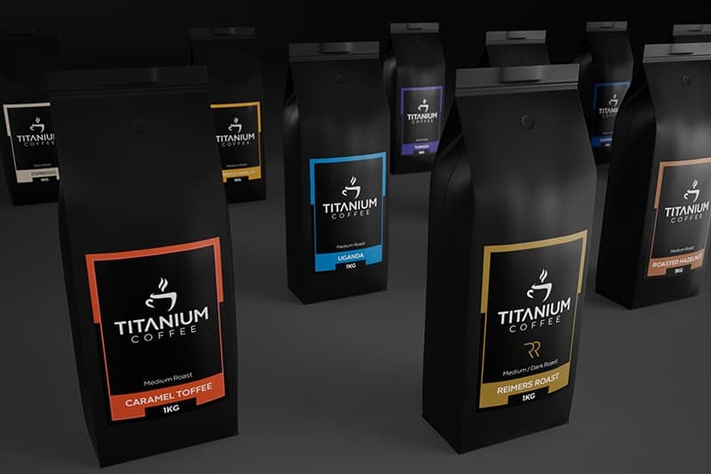 Titanium Coffee full packaging range 3D render showing all coffee bag variants together
