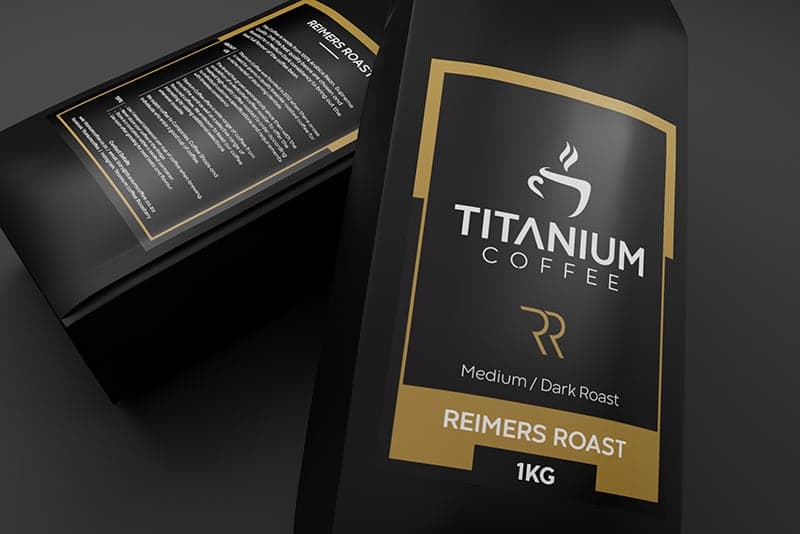 Titanium Coffee Reimers Roast single-origin label design with green colour band on matte black bag