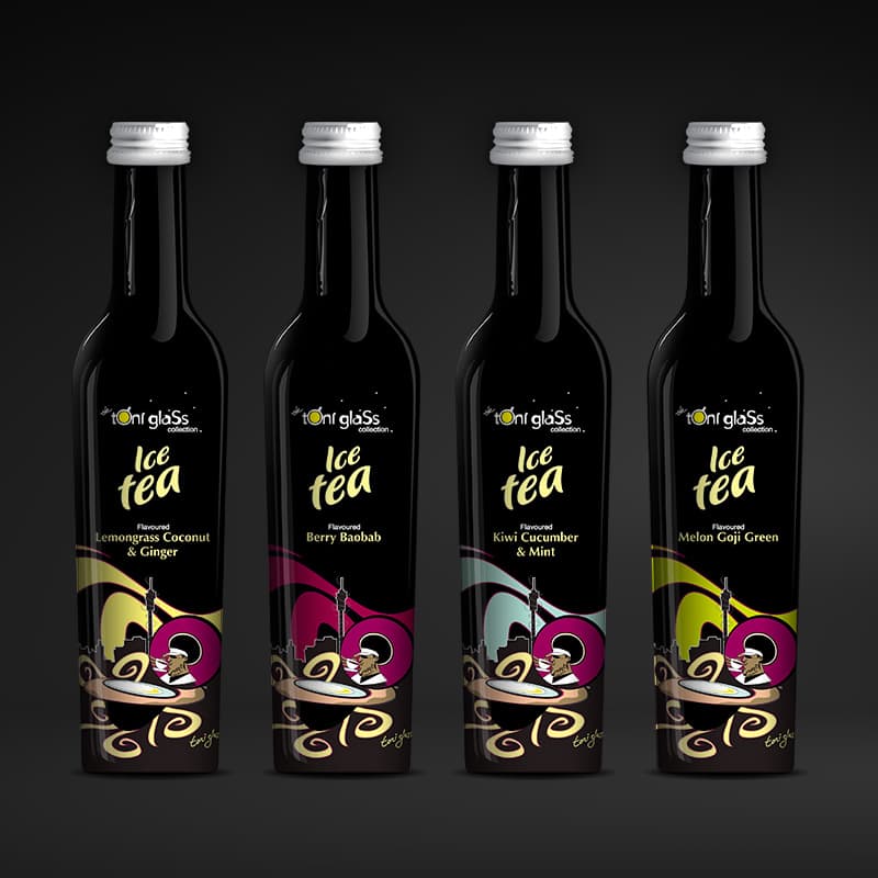 Toni Glass Ice Tea digital packaging render. Full product range with consistent branding and flavour colours