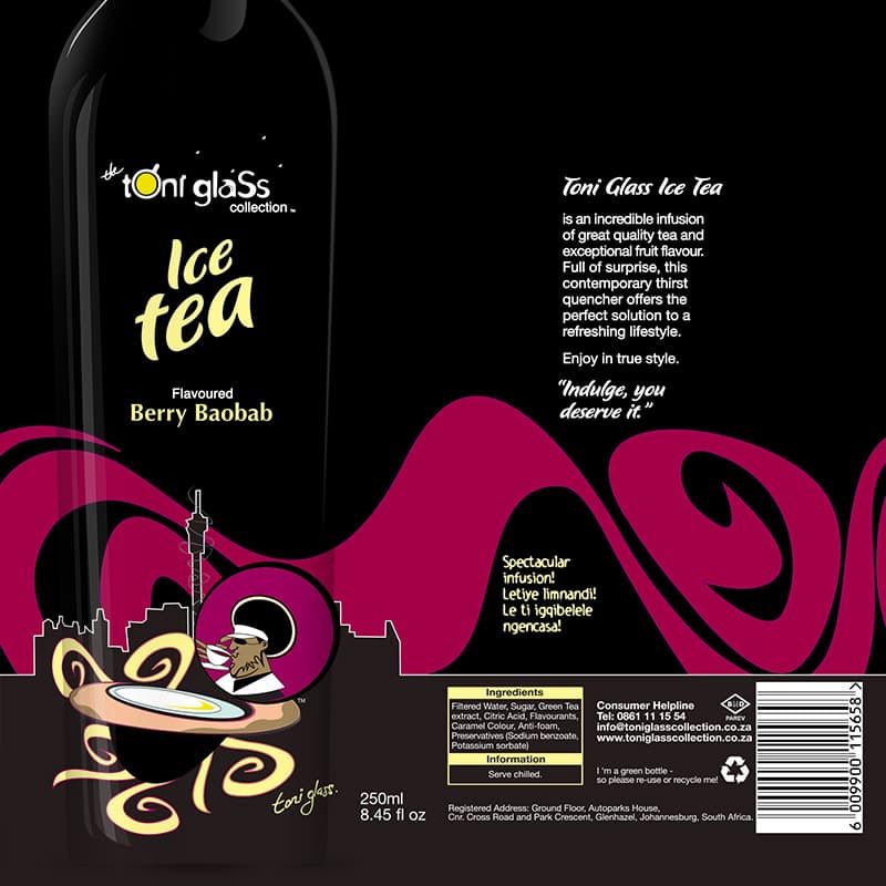 Toni Glass Ice Tea Berry Baobab label design. Flat artwork with illustrated swirl and Johannesburg skyline
