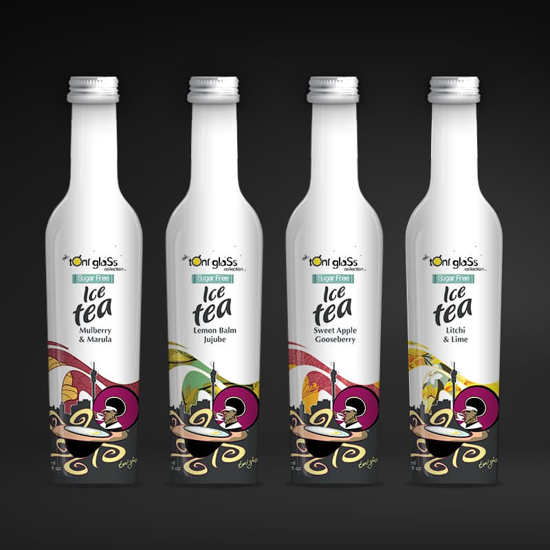 Toni Glass Sugar Free Ice Tea digital render. Full white bottle range showing consistent modern packaging design