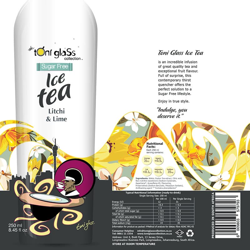 Toni Glass Sugar Free Ice Tea Litchi & Lime label design. Flat artwork with floral illustration and skyline motif