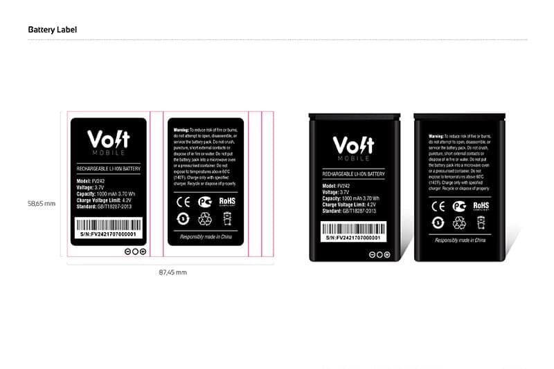 Volt Mobile battery label packaging artwork with regulatory markings and brand elements