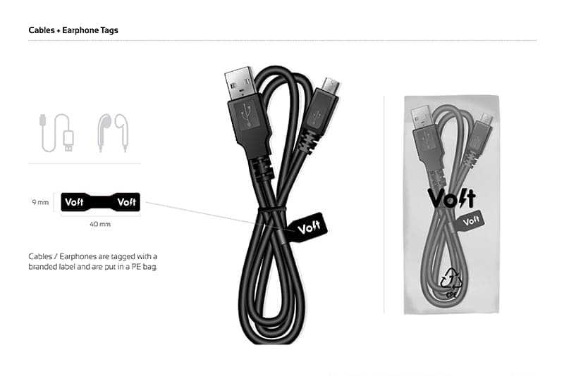 Volt Mobile branded cable and earphone packaging tags with product specifications