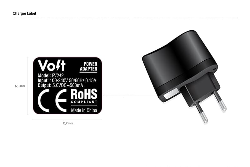 Volt Mobile charger label artwork with safety information and brand-consistent layout
