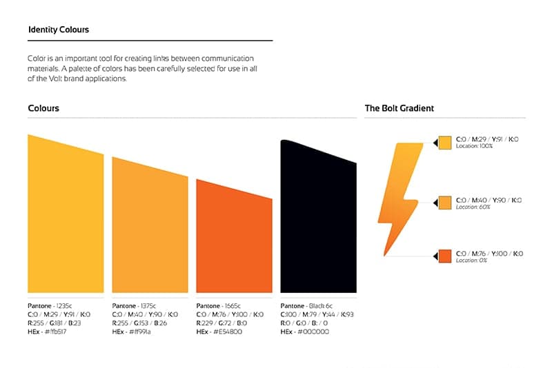 Volt Mobile brand guidelines colour palette page with primary and secondary colour swatches