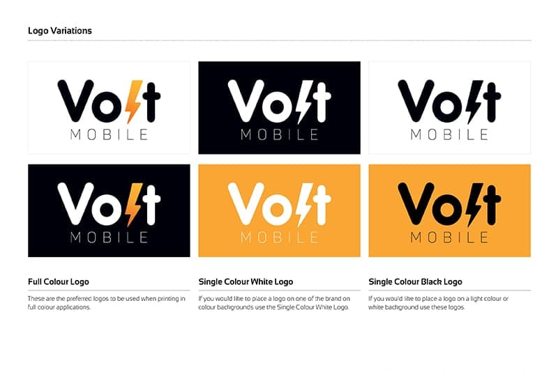 Volt Mobile brand guidelines showing logo usage rules and clear space specifications
