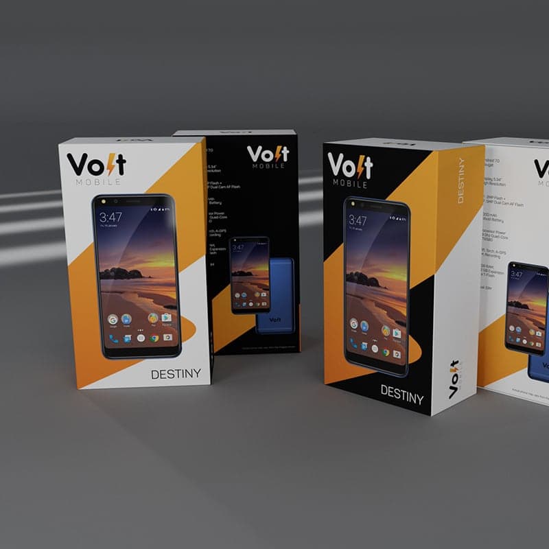 Volt Mobile Destiny smartphone box packaging with vibrant brand colours and product render