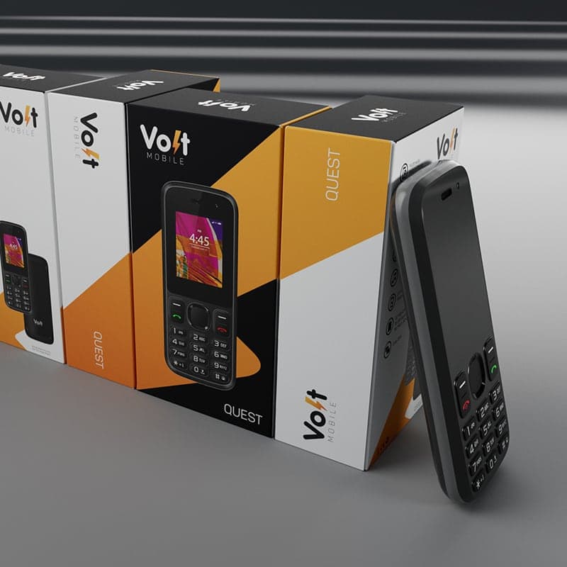 Volt Mobile Quest phone box in black colourway with consistent brand system