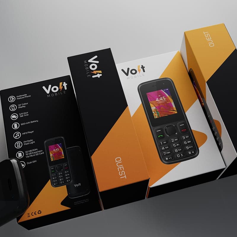 Volt Mobile Quest phone box in white colourway with consistent brand system